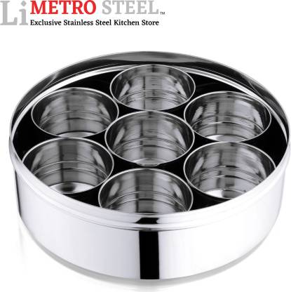 Stainless Steel Masala Dabba, spice Box See Through Lid with 7 Containers, and Spoon (22 cm Dia)
