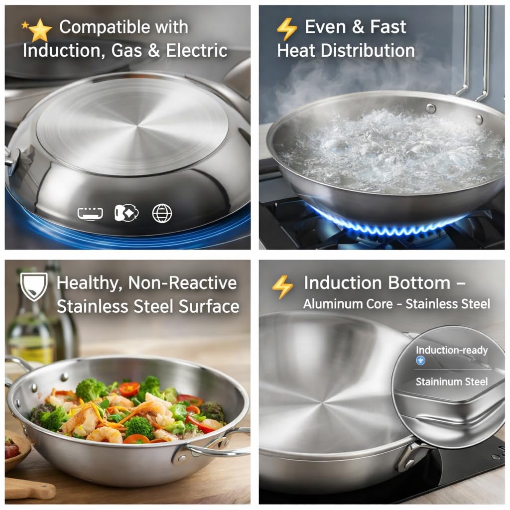 Triply Stainless Steel 3 Pcs Cookware Set -  Induction Compatible, Fast & Even Heating