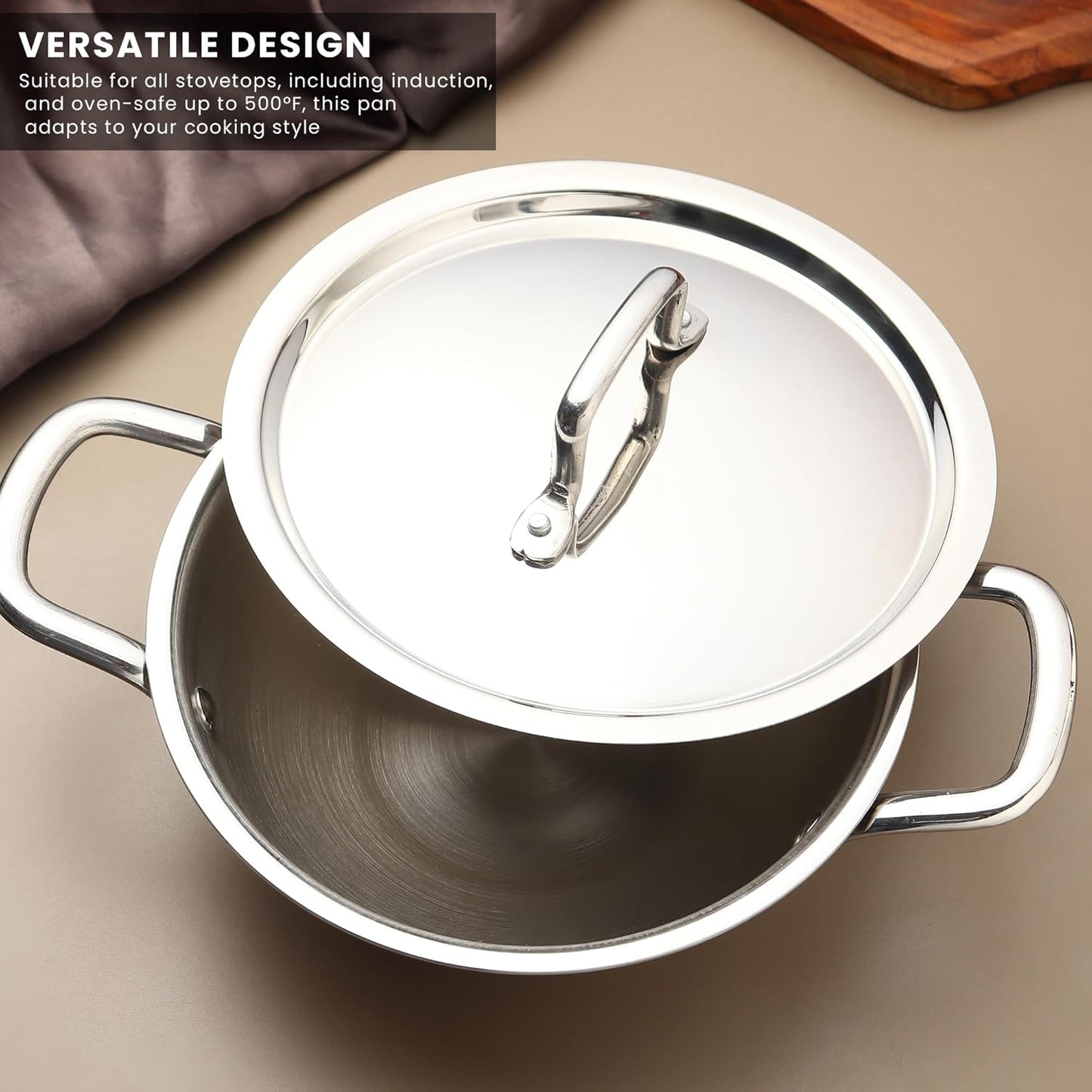 Triply Stainless Steel Kadai with Lid | Gas & Induction Base Saucepan.