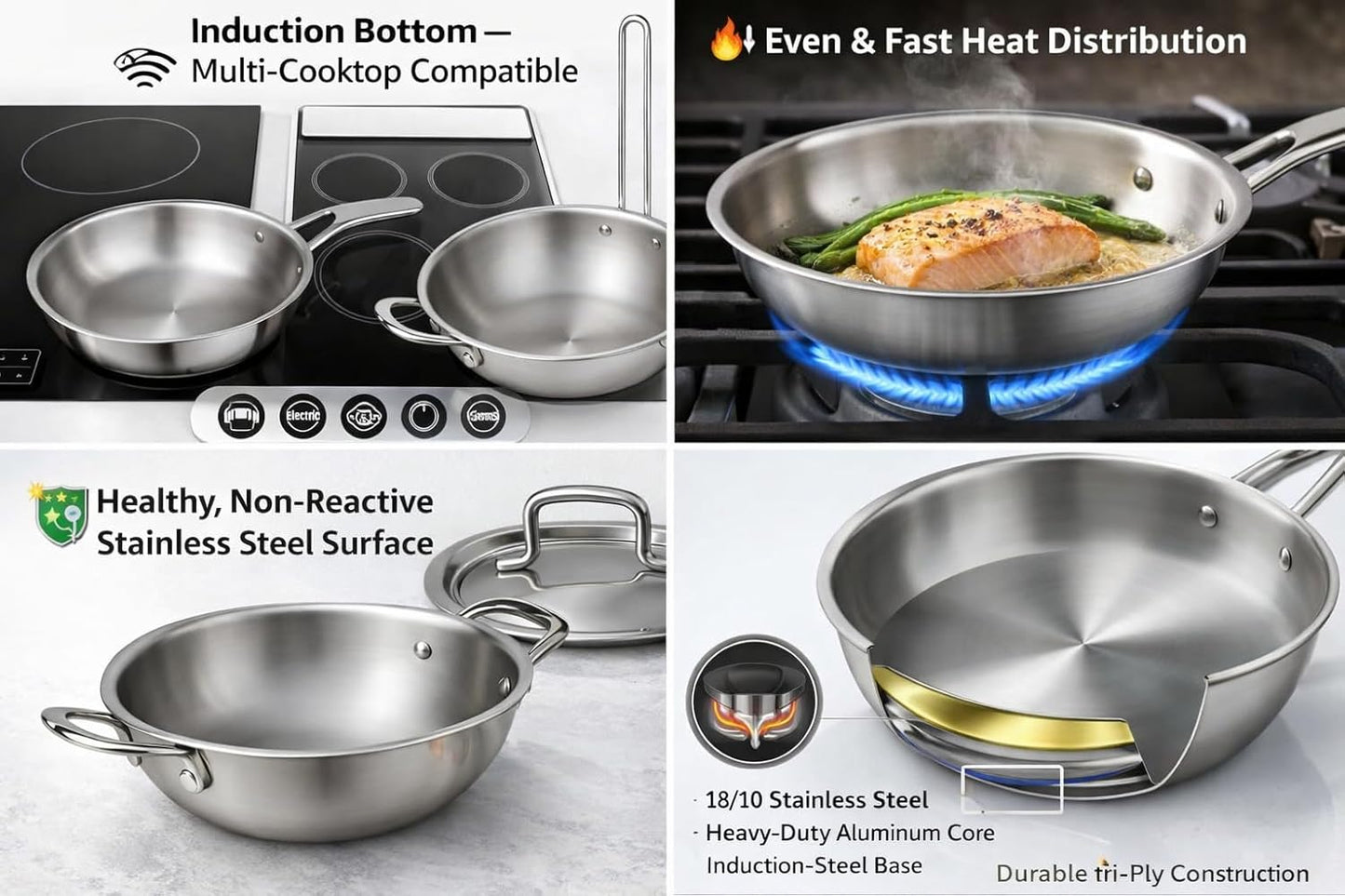 Triply Stainless Steel 3 Pcs Cookware Set -  Induction Compatible, Fast & Even Heating