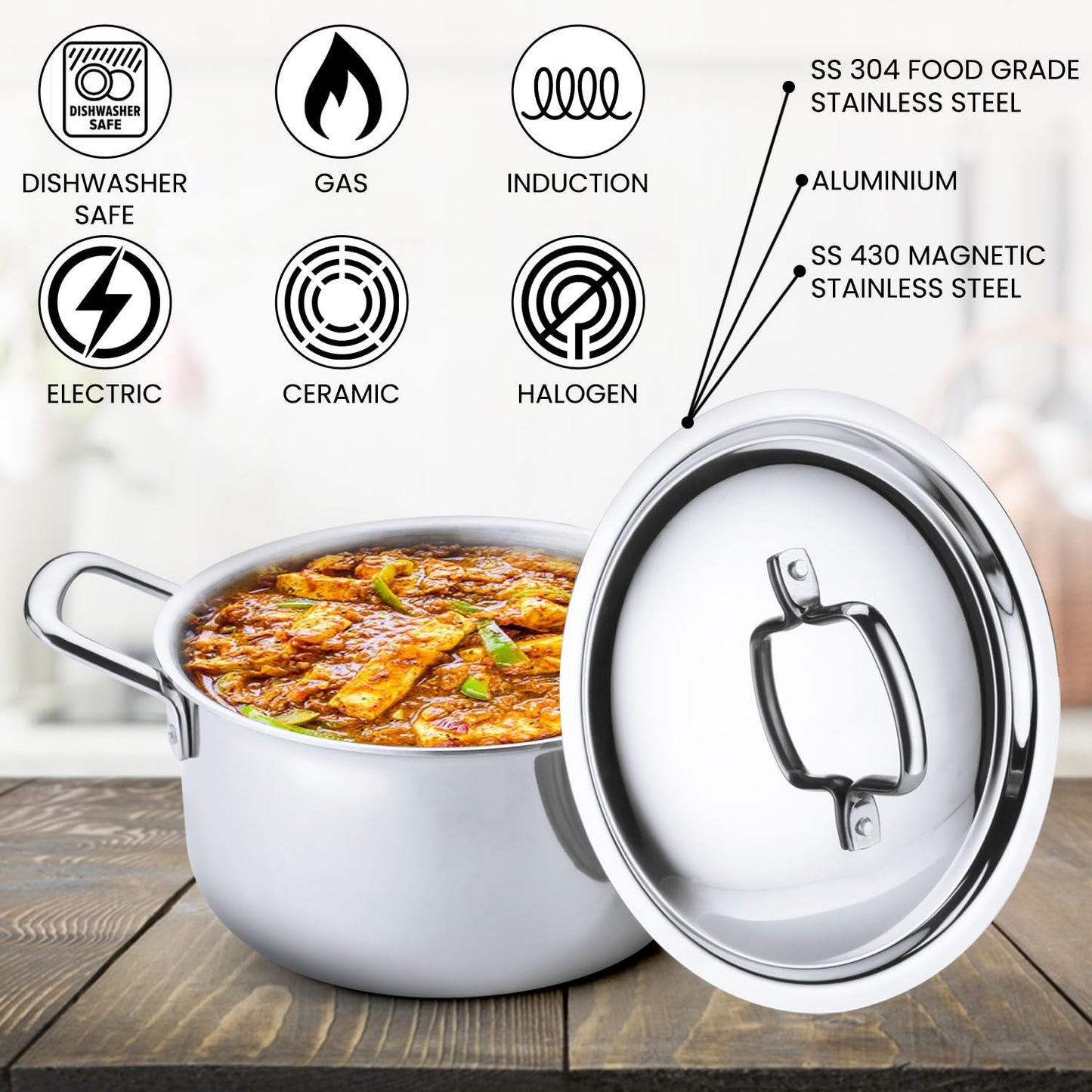Triply Stainless Steel Hotpot with Stainless Steel Lid | Gas & Induction Base Hotpot