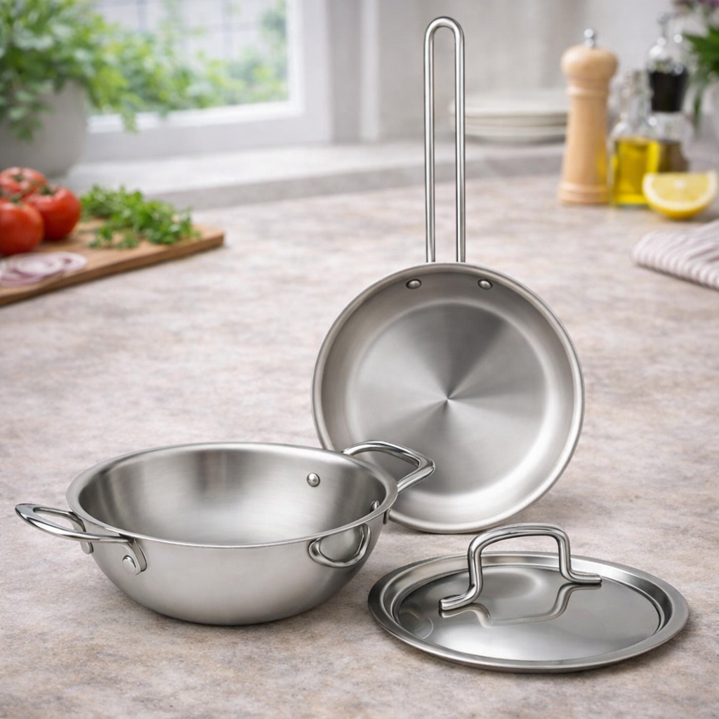 Triply Stainless Steel 3 Pcs Cookware Set -  Induction Compatible, Fast & Even Heating