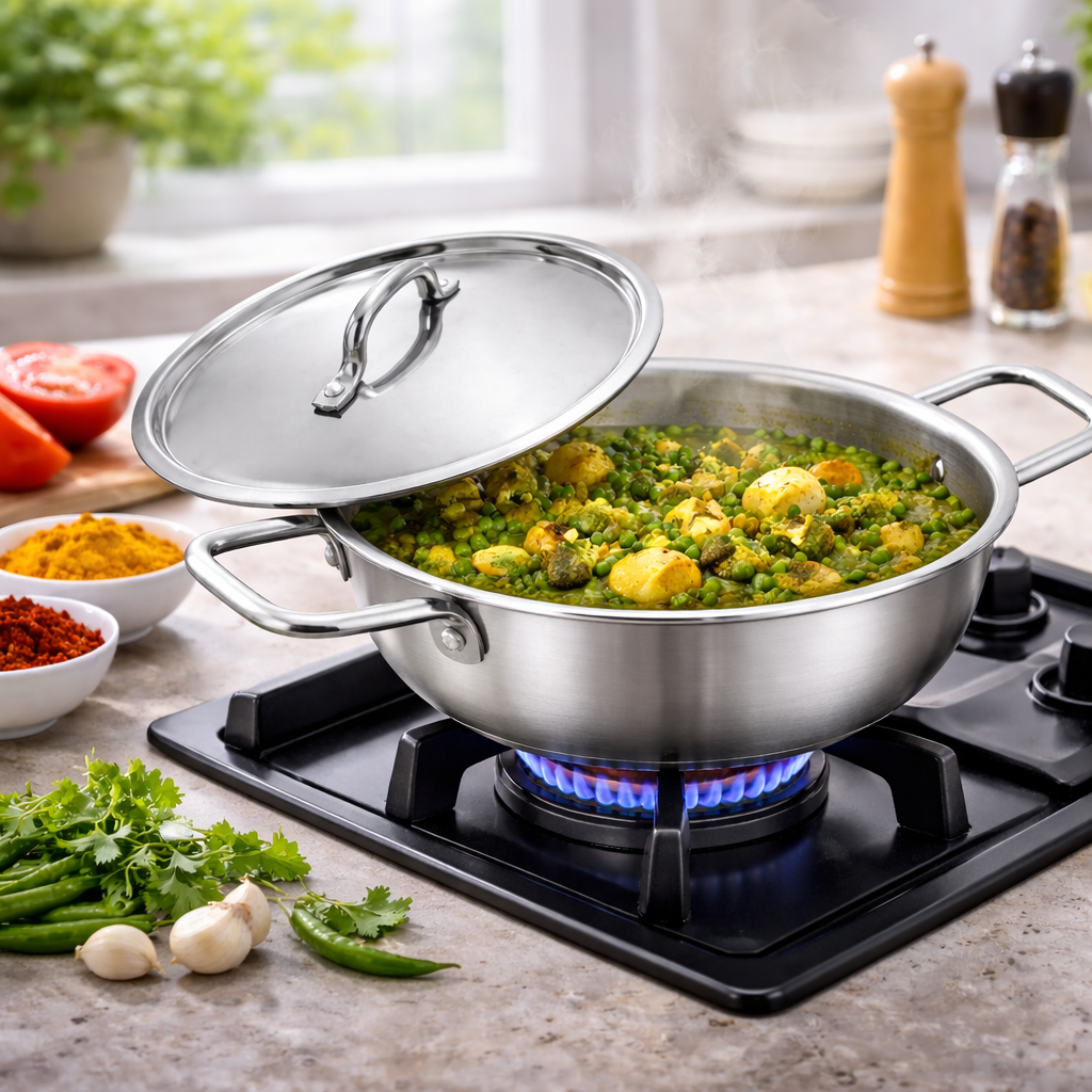 Triply Stainless Steel Kadai with Lid | Gas & Induction Base Saucepan.
