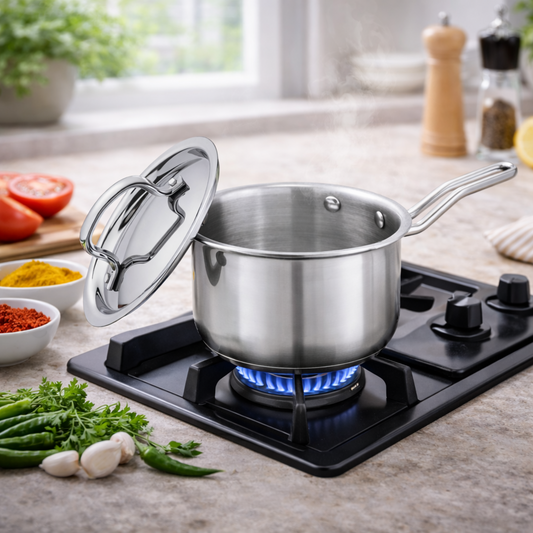 Triply Stainless Steel Saucepan with Stainless Steel Lid | Gas & Induction Base Saucepan.