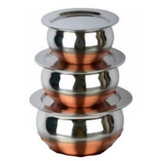 LIMETRO STEEL Stainless Steel Serving Bowl Copper Base Set of 3 Handi Set with Lid