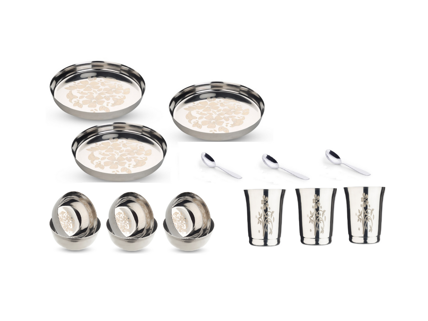 Pack of 15 Stainless Steel Laser Print Steel Dinner set Combo