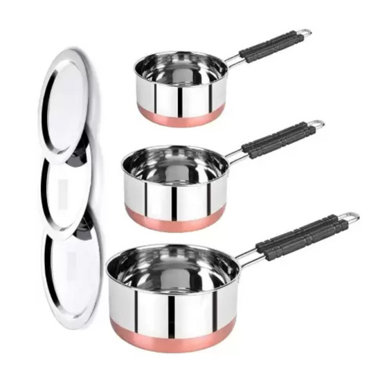 Flat Bottom Copper Base Saucepan with Lid (pack of 3)