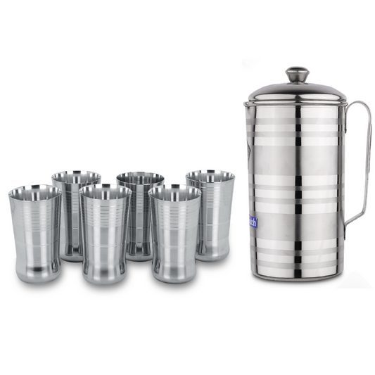 Stainless Steel Water Serving Jug  with Lid and Glass Set