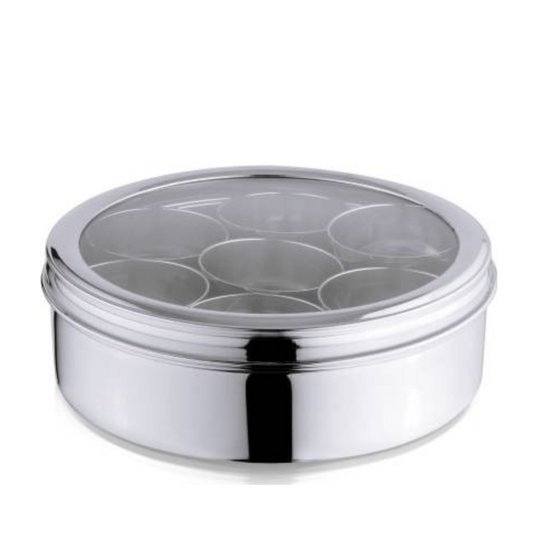 Stainless Steel Masala Dabba, spice Box See Through Lid with 7 Containers, and Spoon (22 cm Dia)