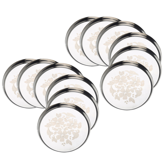 Stainless Steel Laser Print Heavy Gauge Dinner / Lunch Plates  (Pack of 12)